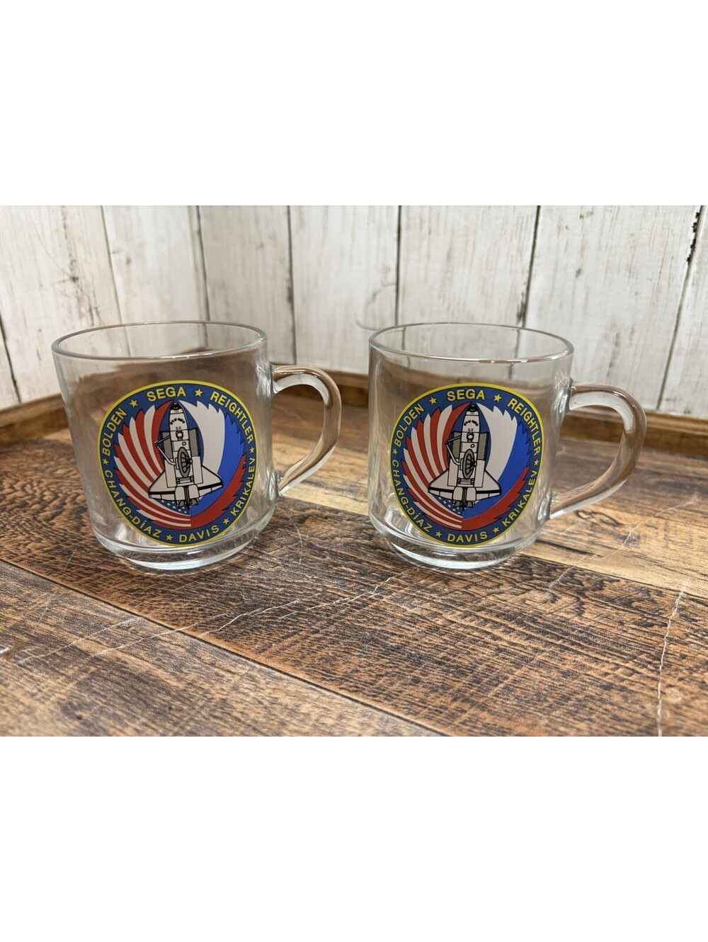 NASA Space Program 1994 Glass Coffee Mug Cups Lot Of 2 STS-60 Russian/US Mission